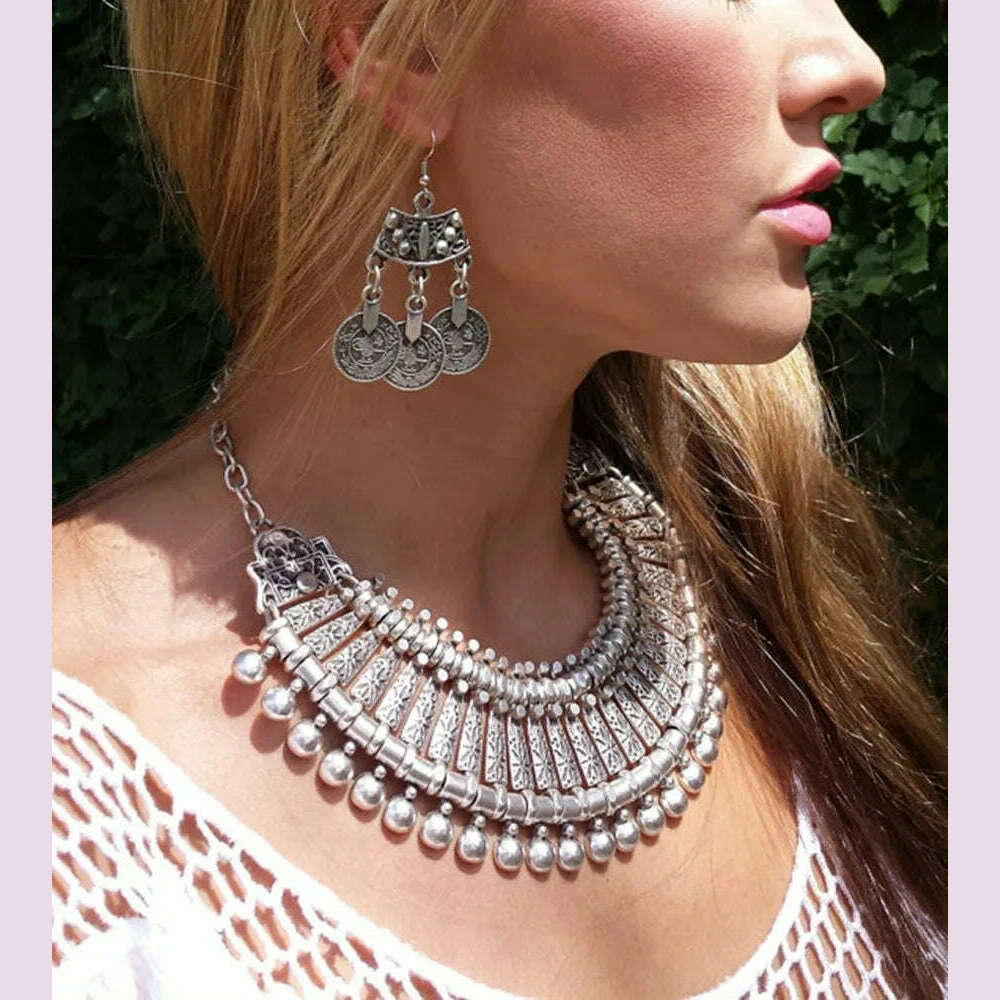 Vintage Silvery Beach Coins Choker Necklace Drop Earrings Set for Women Gypsy Tribal Afghan Pakistan Ethnic Dress Indian Jewelry - KIMLUD