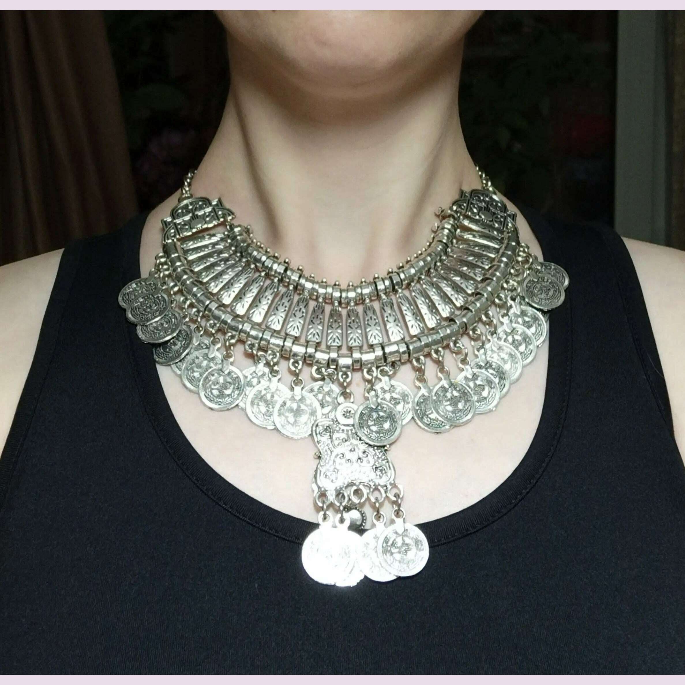 Vintage Silvery Beach Coins Choker Necklace Drop Earrings Set for Women Gypsy Tribal Afghan Pakistan Ethnic Dress Indian Jewelry - KIMLUD
