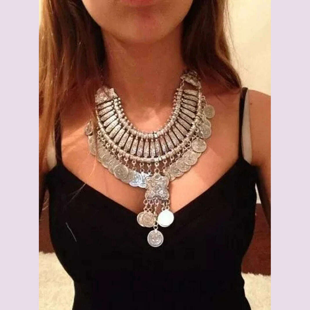 Vintage Silvery Beach Coins Choker Necklace Drop Earrings Set for Women Gypsy Tribal Afghan Pakistan Ethnic Dress Indian Jewelry - KIMLUD