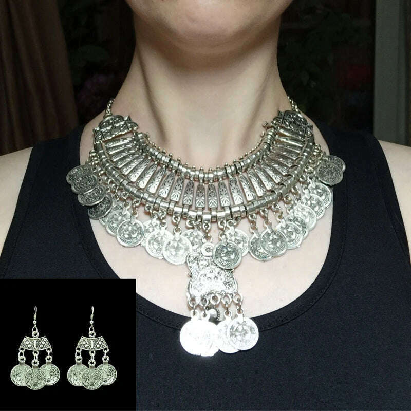 Vintage Silvery Beach Coins Choker Necklace Drop Earrings Set for Women Gypsy Tribal Afghan Pakistan Ethnic Dress Indian Jewelry - KIMLUD