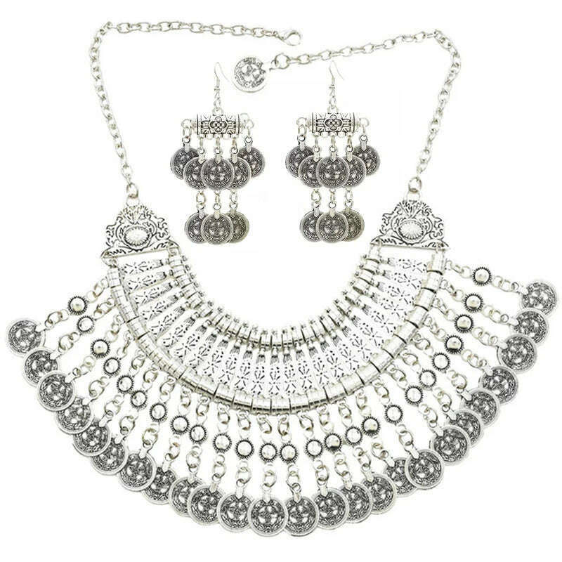 Vintage Silvery Beach Coins Choker Necklace Drop Earrings Set for Women Gypsy Tribal Afghan Pakistan Ethnic Dress Indian Jewelry - KIMLUD