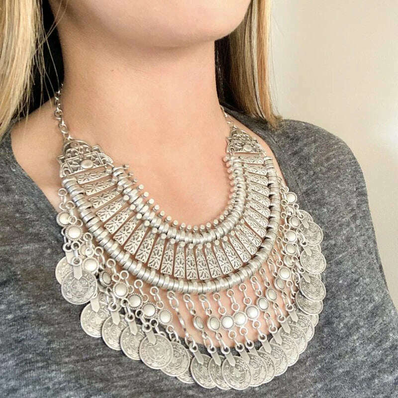 Vintage Silvery Coin Choker Necklace Earrings Gypsy Ethnic Tribal Turkish Afghan India Pakistan Collar Statement Jewelry Sets - KIMLUD