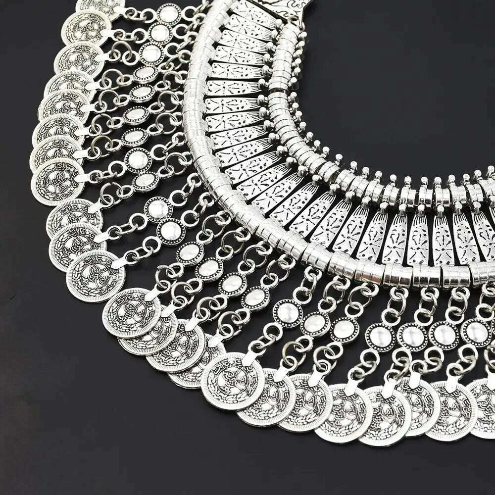 KIMLUD, Vintage Silvery Coin Choker Necklace Earrings Gypsy Ethnic Tribal Turkish Afghan India Pakistan Collar Statement Jewelry Sets, KIMLUD Womens Clothes