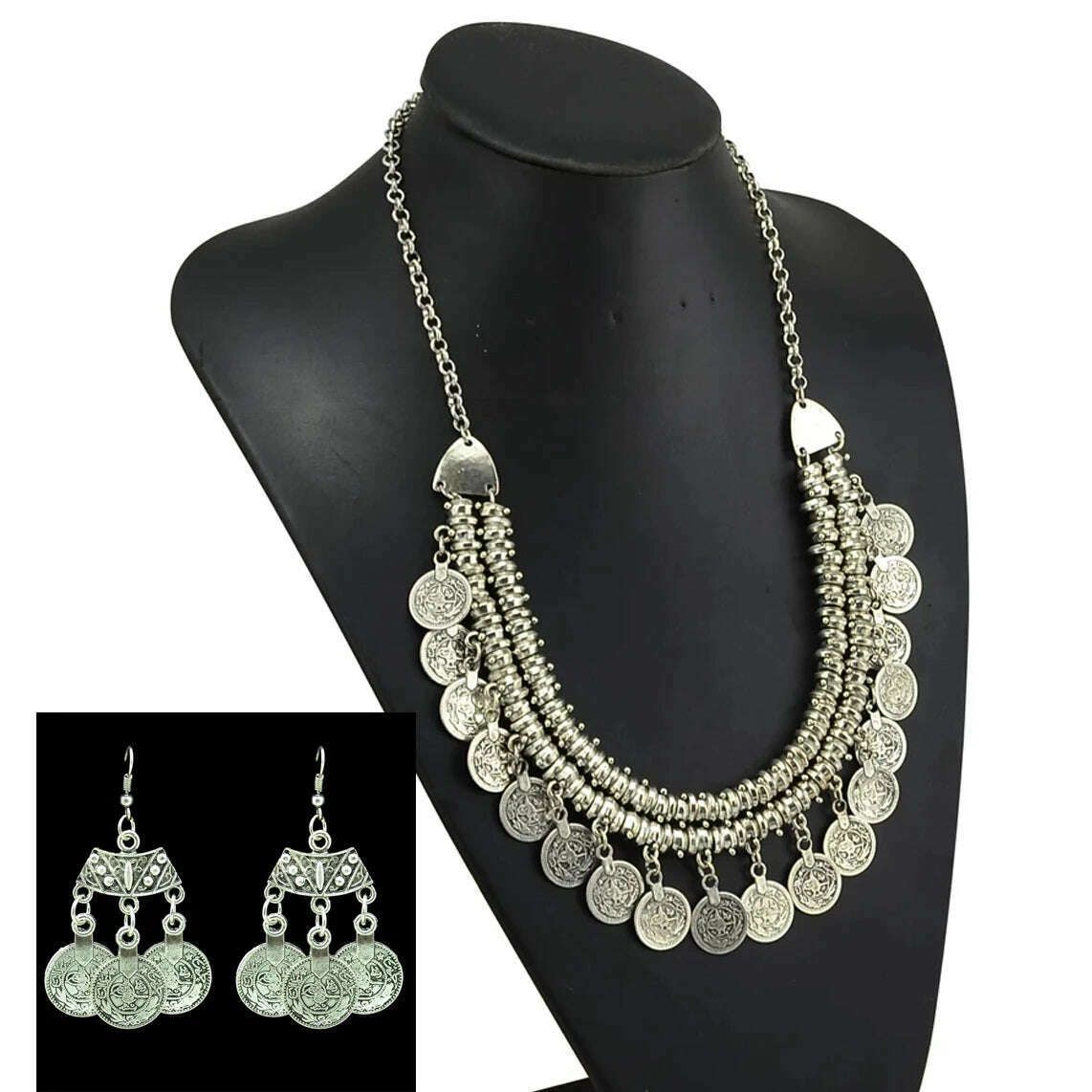 KIMLUD, Vintage Silvery Coin Choker Necklace Earrings Gypsy Ethnic Tribal Turkish Afghan India Pakistan Collar Statement Jewelry Sets, Jewelry Set 5, KIMLUD APPAREL - Womens Clothes