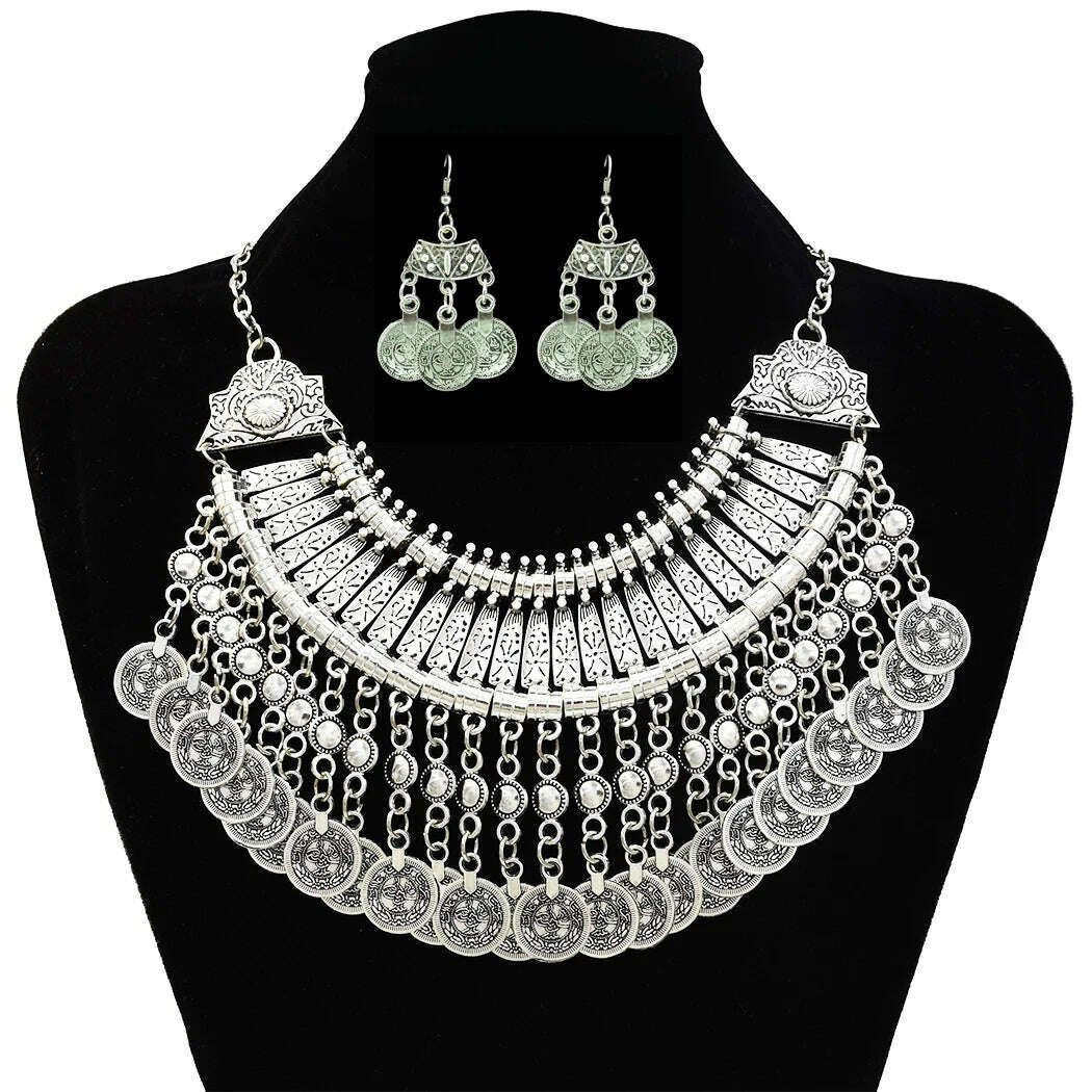 KIMLUD, Vintage Silvery Coin Choker Necklace Earrings Gypsy Ethnic Tribal Turkish Afghan India Pakistan Collar Statement Jewelry Sets, Jewelry Set 1, KIMLUD APPAREL - Womens Clothes