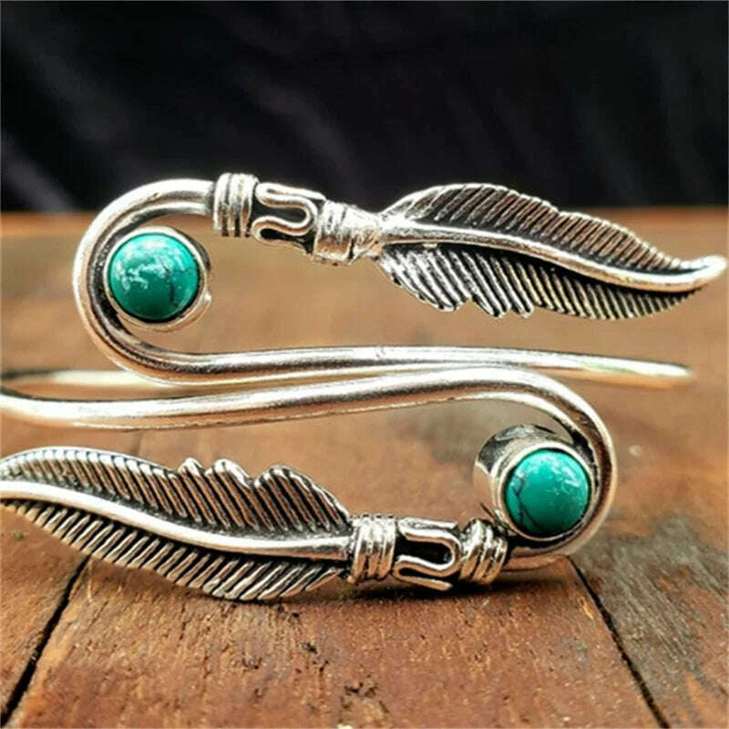 KIMLUD, Vintage Style Natural Stone Bracelet Boho Women Feather Open Bracelet Featured Simple Fashion Holiday Party Gift Accessories, KIMLUD Womens Clothes