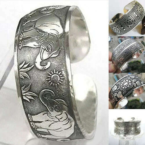 Vintage Tibetan Silver Elephant Carved Open Bangle Cuff Wide Bracelet Jewelry NEW Gypsy Square Flower Metal Tibetan Silver - KIMLUD