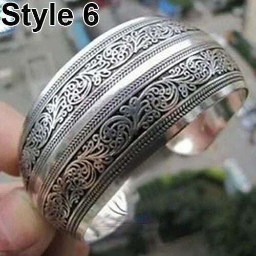 Vintage Tibetan Silver Elephant Carved Open Bangle Cuff Wide Bracelet Jewelry NEW Gypsy Square Flower Metal Tibetan Silver - KIMLUD