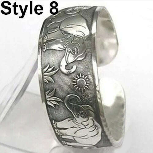 KIMLUD, Vintage Tibetan Silver Elephant Carved Open Bangle Cuff Wide Bracelet Jewelry NEW Gypsy Square Flower Metal Tibetan Silver, 8, KIMLUD APPAREL - Womens Clothes