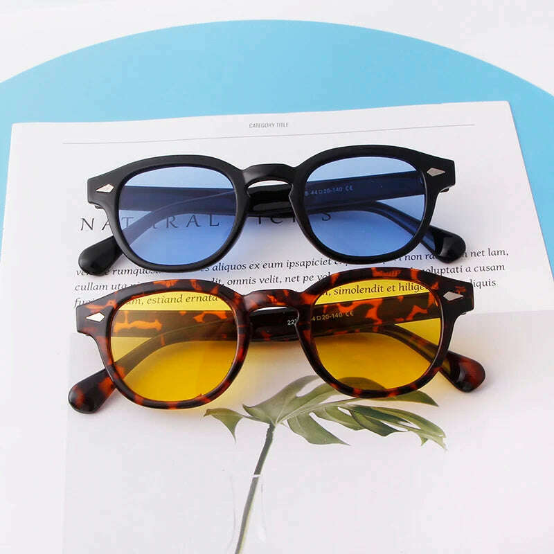 KIMLUD, Vintage Tortoise Shell Round Sunglasses Women Men 2024 Brand Design Retro Rivet Yellow Blue Lens Square Sun Glasses Female UV400, KIMLUD Womens Clothes