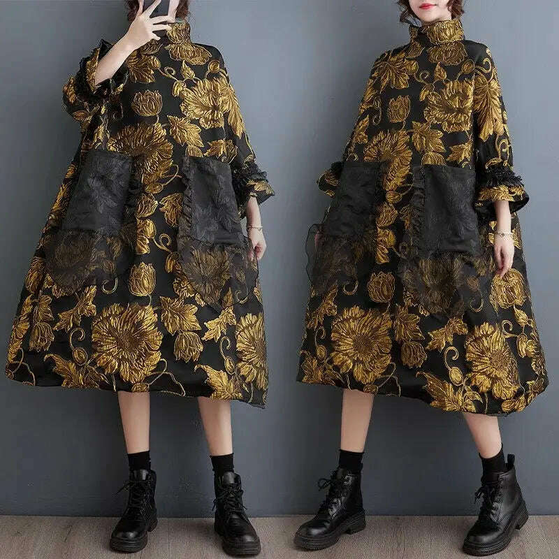 Vintage Trendy Women's Dress 2023 Autumn/Winter New Chinese Style Double Layer Jacquard Coat Temperament Loose Fit Dress Z3929 - KIMLUD