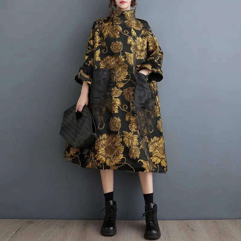 Vintage Trendy Women's Dress 2023 Autumn/Winter New Chinese Style Double Layer Jacquard Coat Temperament Loose Fit Dress Z3929 - KIMLUD