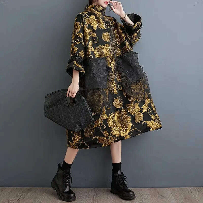 KIMLUD, Vintage Trendy Women's Dress 2023 Autumn/Winter New Chinese Style Double Layer Jacquard Coat Temperament Loose Fit Dress Z3929, KIMLUD Womens Clothes