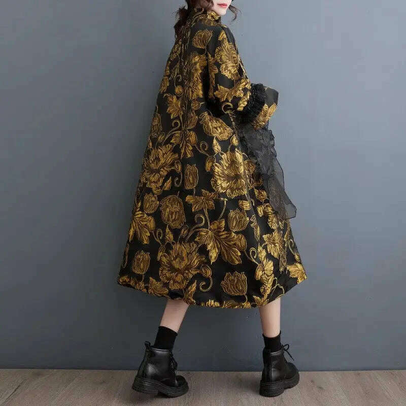 Vintage Trendy Women's Dress 2023 Autumn/Winter New Chinese Style Double Layer Jacquard Coat Temperament Loose Fit Dress Z3929 - KIMLUD