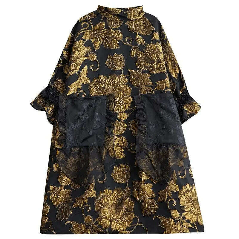 Vintage Trendy Women's Dress 2023 Autumn/Winter New Chinese Style Double Layer Jacquard Coat Temperament Loose Fit Dress Z3929 - KIMLUD