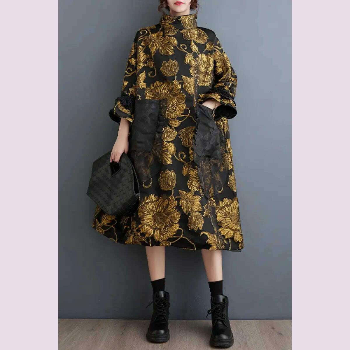 Vintage Trendy Women's Dress 2023 Autumn/Winter New Chinese Style Double Layer Jacquard Coat Temperament Loose Fit Dress Z3929 - KIMLUD