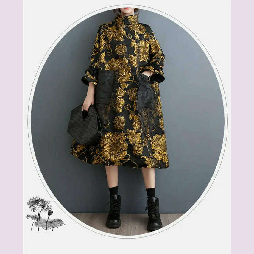 Vintage Trendy Women's Dress 2023 Autumn/Winter New Chinese Style Double Layer Jacquard Coat Temperament Loose Fit Dress Z3929 - KIMLUD