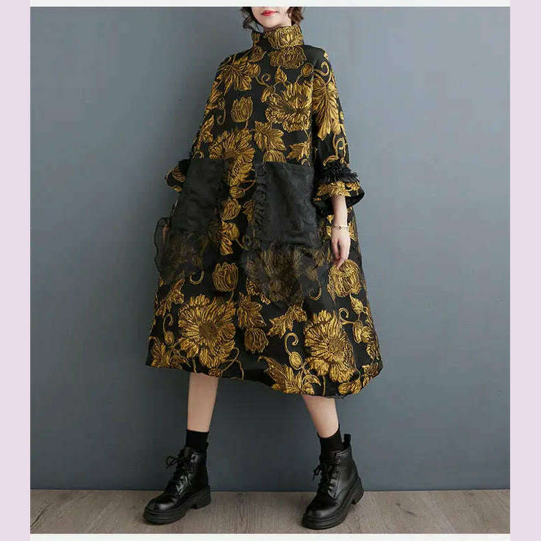 KIMLUD, Vintage Trendy Women's Dress 2023 Autumn/Winter New Chinese Style Double Layer Jacquard Coat Temperament Loose Fit Dress Z3929, KIMLUD Womens Clothes