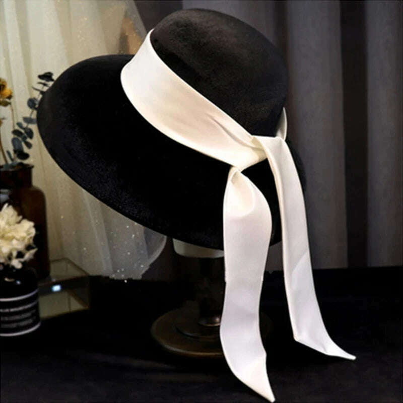 KIMLUD, Vintage Wedding Hats Black Velvet Ribbon Bridal Hats Hepburn Style Top Hat Elegant Bridal Head Accessories Fascinator Hats 2021, KIMLUD Womens Clothes