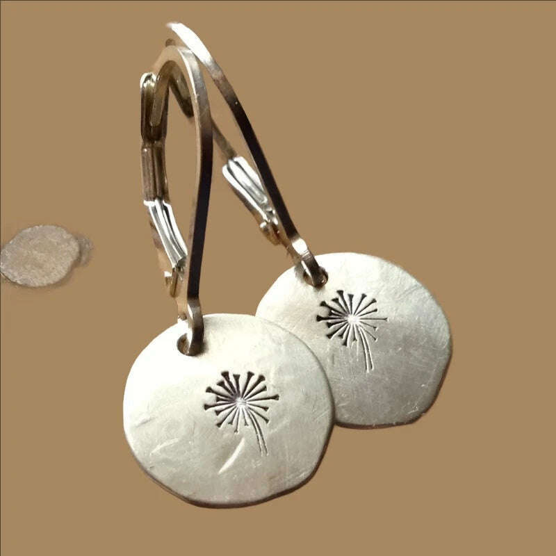 KIMLUD, Vintage Wishing Dandelion Hoop Dangle Earring for Women Silver Color Round Carved Metal Plant Flower Earring Pendientes Bijoux, KIMLUD Womens Clothes