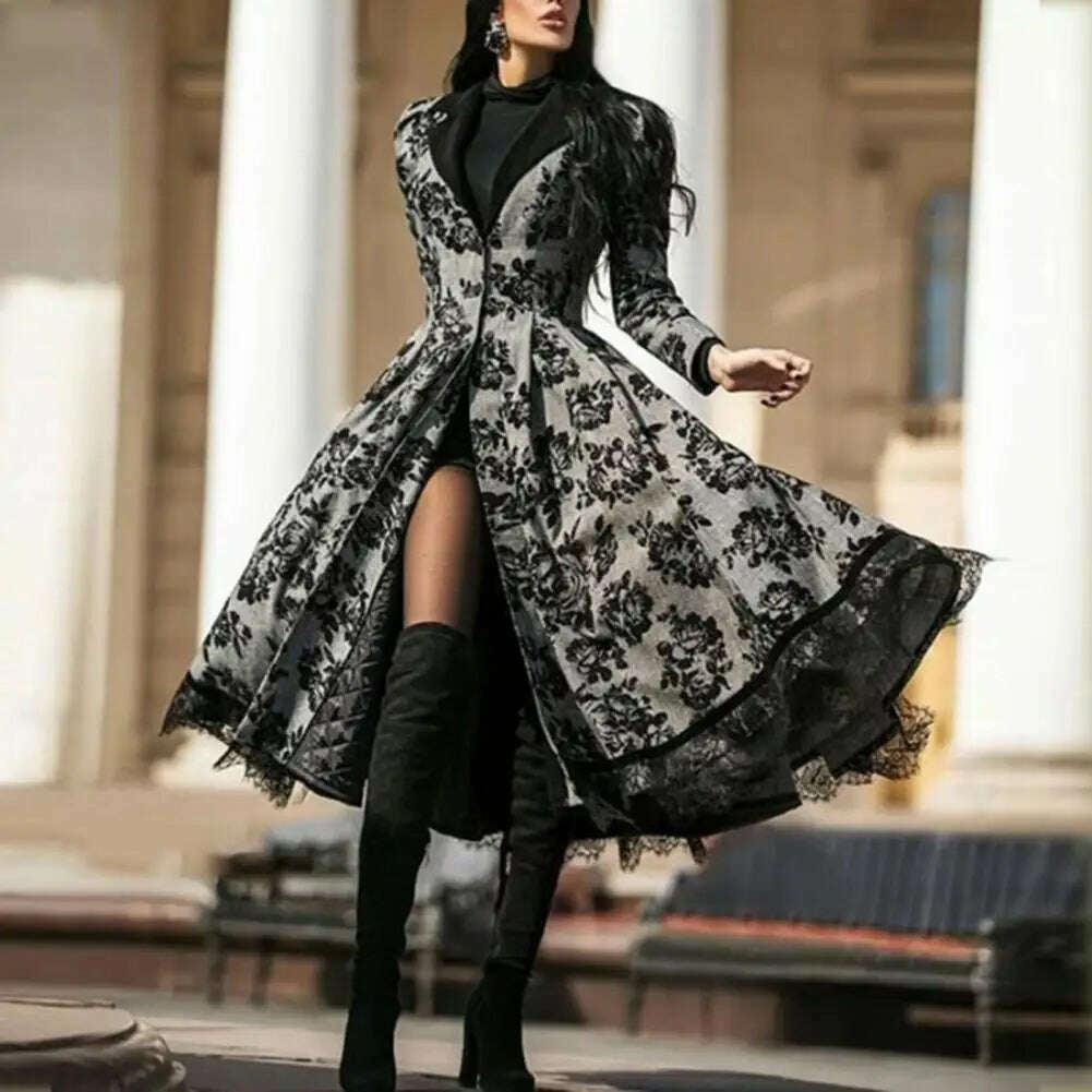 KIMLUD, Vintage Women's Dresses Fall Winter Lace Seamed Floral Print Dress Vintage Bodysuit Midi Dress Mid-Century Elegant Dress, KIMLUD Womens Clothes