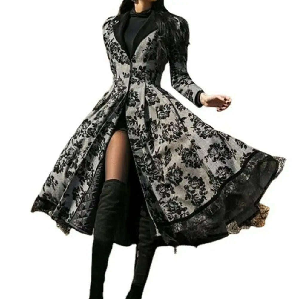KIMLUD, Vintage Women's Dresses Fall Winter Lace Seamed Floral Print Dress Vintage Bodysuit Midi Dress Mid-Century Elegant Dress, KIMLUD Womens Clothes