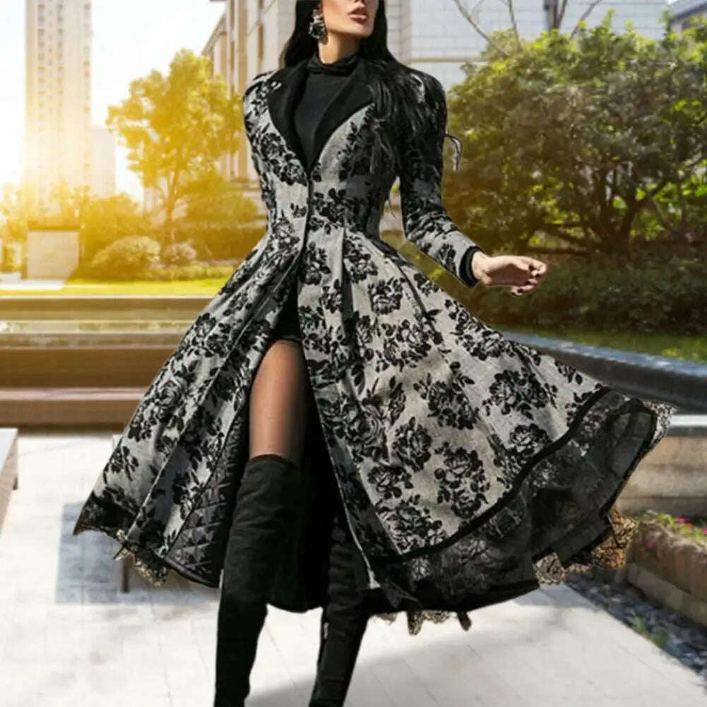 KIMLUD, Vintage Women's Dresses Fall Winter Lace Seamed Floral Print Dress Vintage Bodysuit Midi Dress Mid-Century Elegant Dress, KIMLUD Womens Clothes