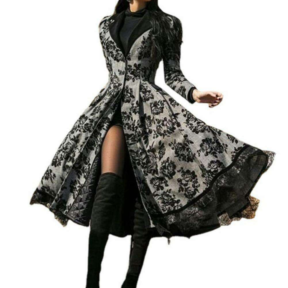 KIMLUD, Vintage Women's Dresses Fall Winter Lace Seamed Floral Print Dress Vintage Bodysuit Midi Dress Mid-Century Elegant Dress, KIMLUD Womens Clothes