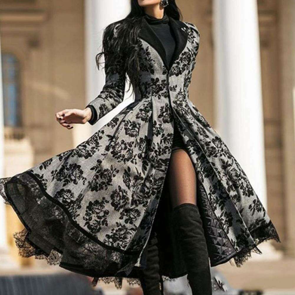 KIMLUD, Vintage Women's Dresses Fall Winter Lace Seamed Floral Print Dress Vintage Bodysuit Midi Dress Mid-Century Elegant Dress, KIMLUD Womens Clothes