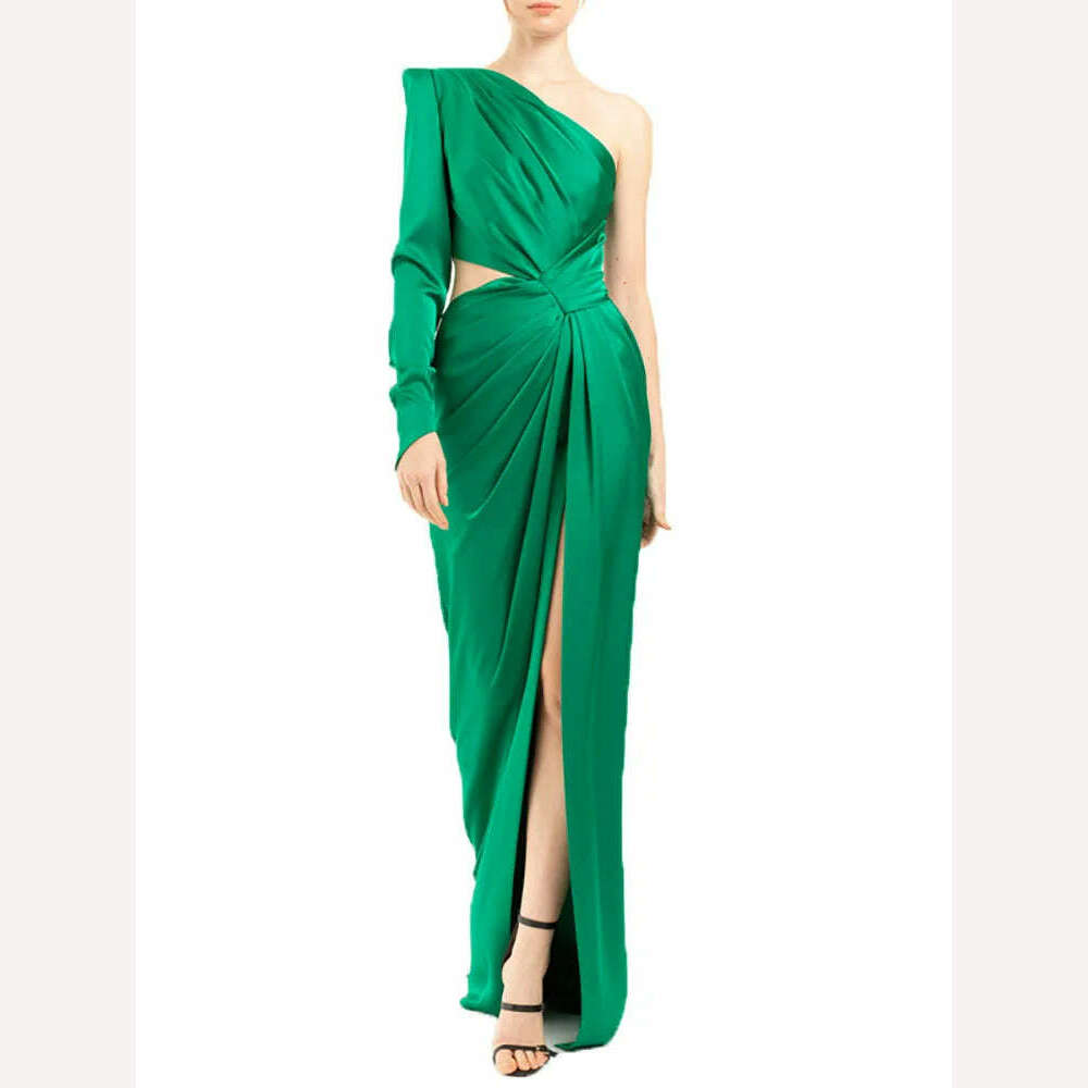 VKBN Spring Autumn Party Evening Dresses Green Folds Diagonal Collar One Sleeve Fashion New 2023 Maxi Dress Women - KIMLUD