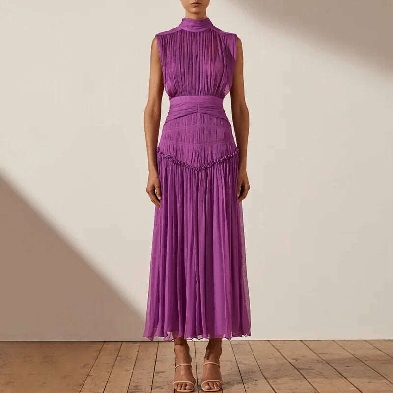 KIMLUD, VKBN Summer Dress Women Casual Half High Collar Sleeveless Ruched Stylish and Elegant Party Maxi Dress, Purple / S, KIMLUD APPAREL - Womens Clothes