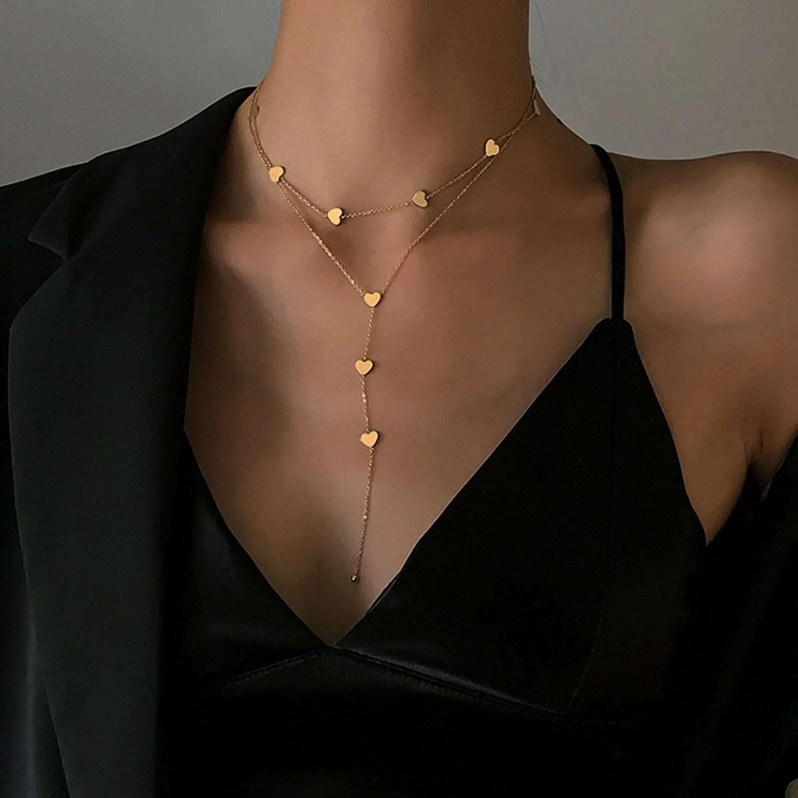 Vnox Layering Necklaces for Women, Gold Color Sexy Y Necklaces, Stainless Steel Rosary Chain, Layered Beads Choker - KIMLUD