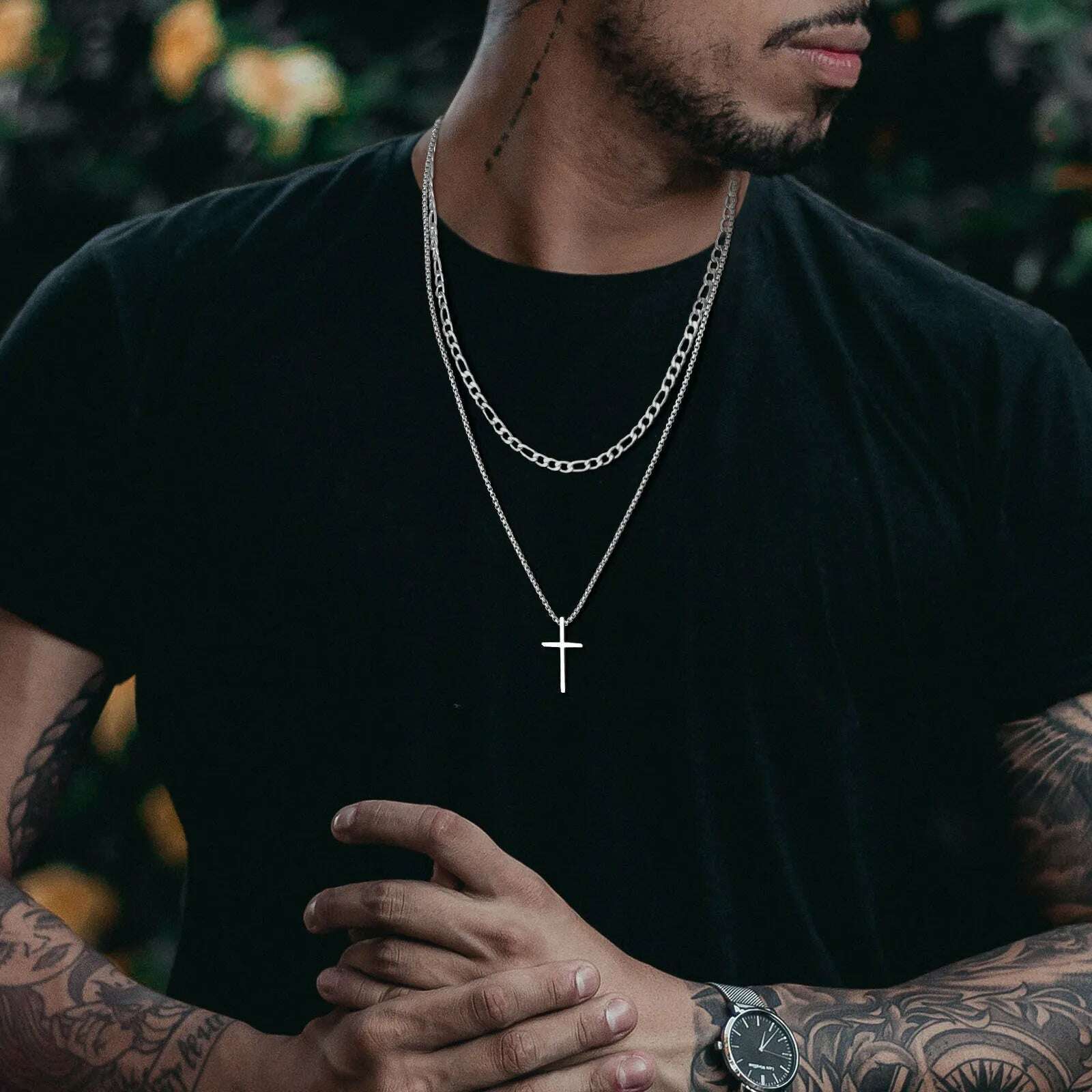 Vnox Mens Cross Necklaces, Stainless Steel Layered Plain Cross Pendant, Rope Box Chain Necklace, Simple Prayer Jesus Collar - KIMLUD