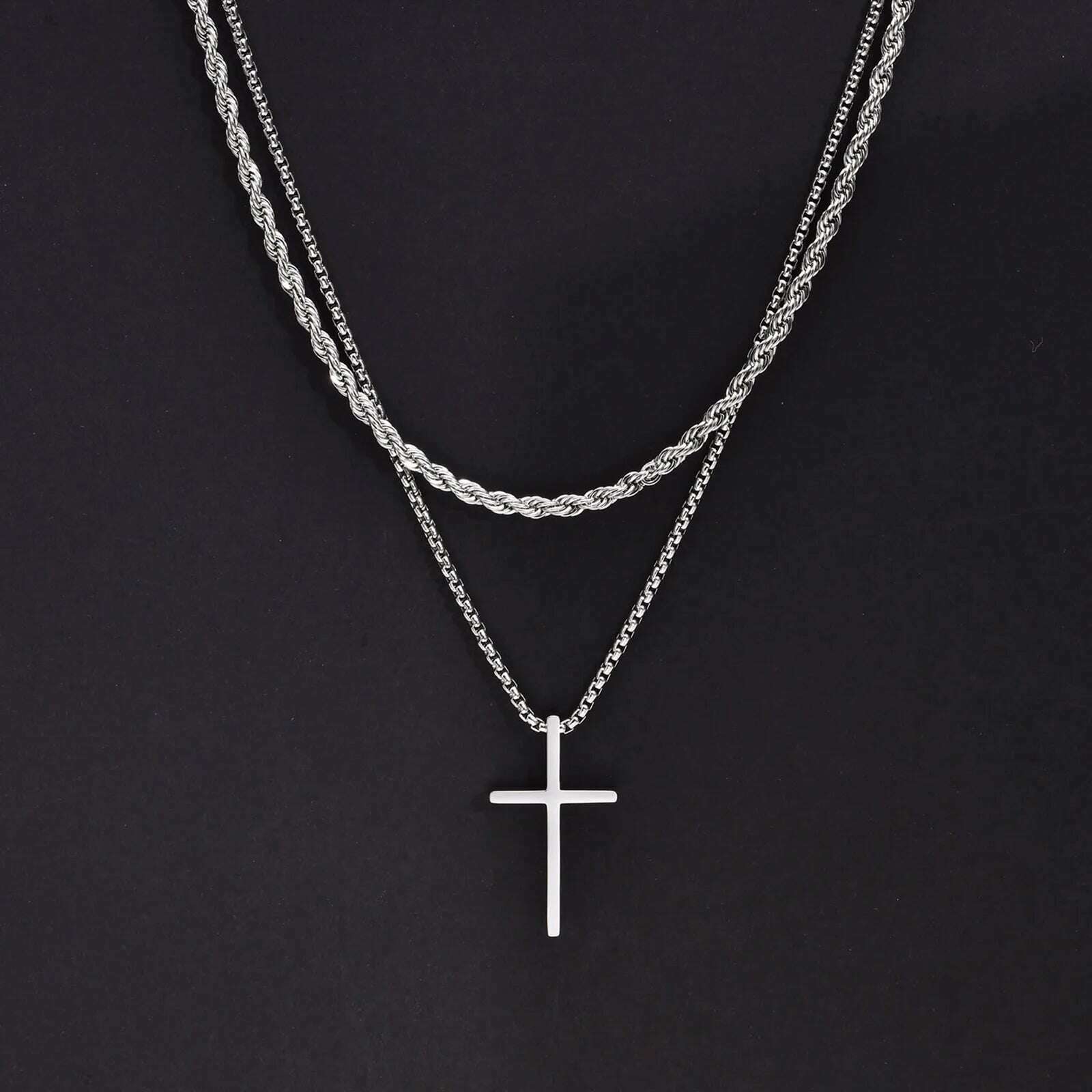 Vnox Mens Cross Necklaces, Stainless Steel Layered Plain Cross Pendant, Rope Box Chain Necklace, Simple Prayer Jesus Collar - KIMLUD