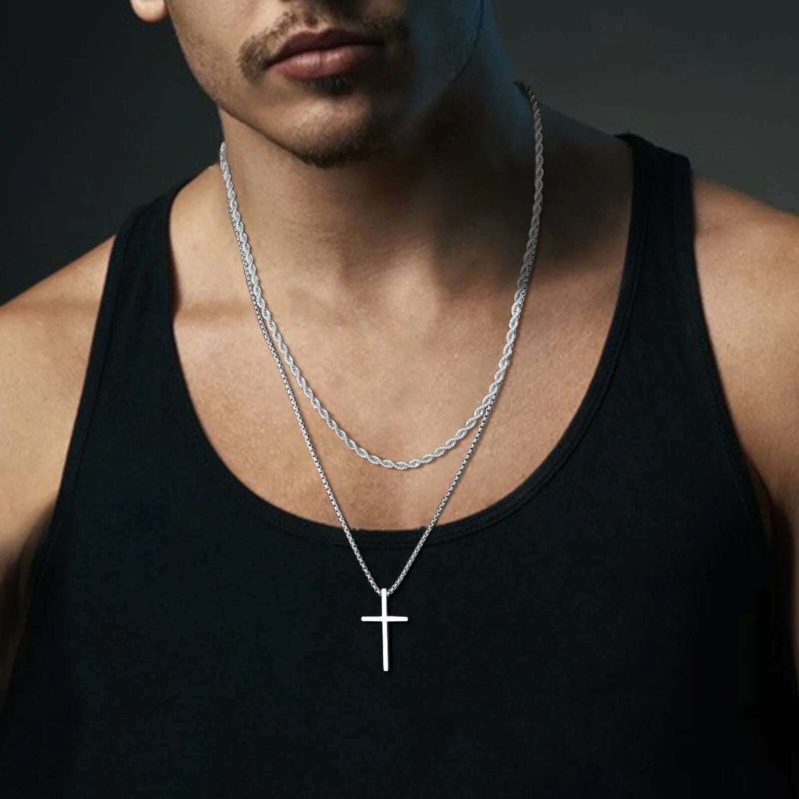 Vnox Mens Cross Necklaces, Stainless Steel Layered Plain Cross Pendant, Rope Box Chain Necklace, Simple Prayer Jesus Collar - KIMLUD