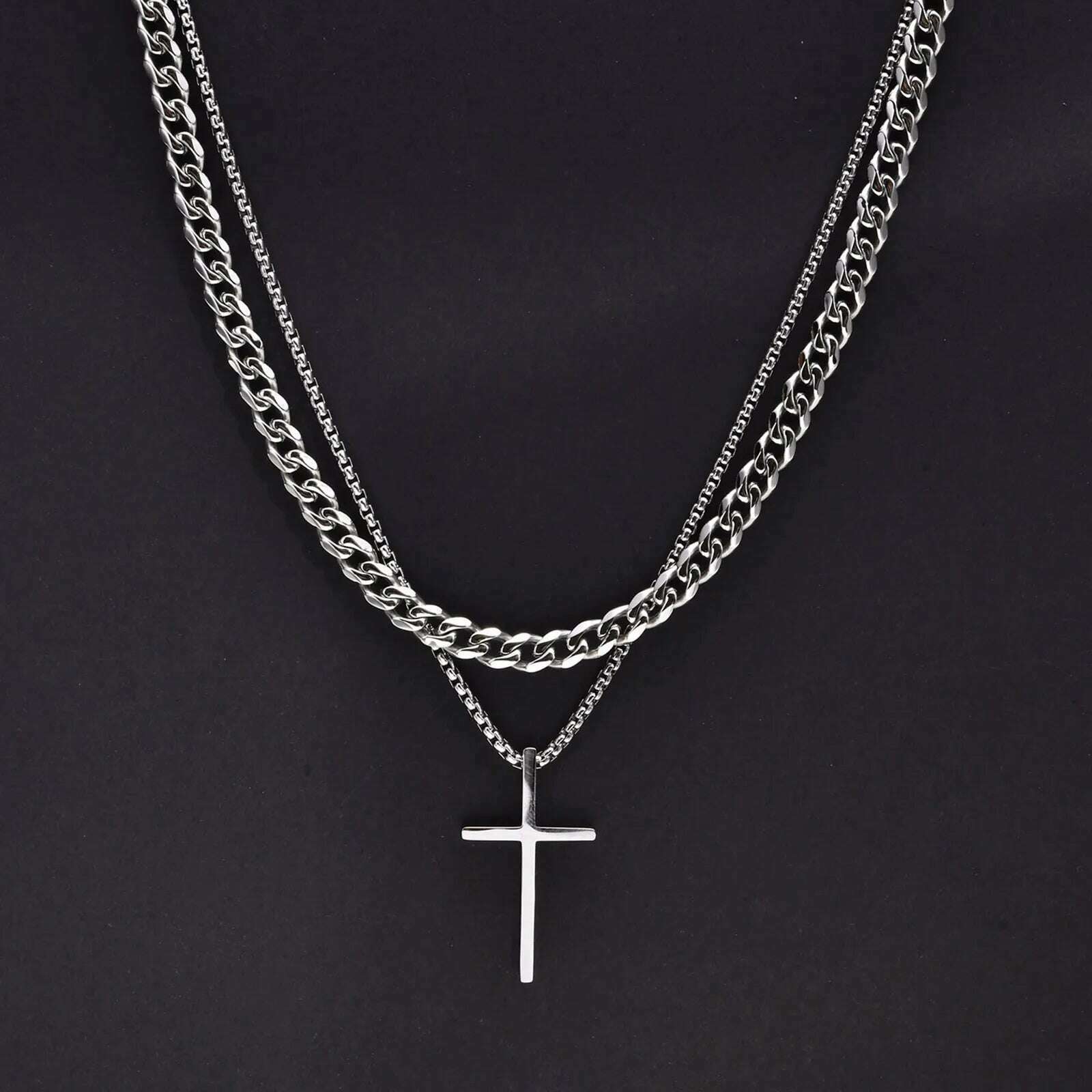 KIMLUD, Vnox Mens Cross Necklaces, Stainless Steel Layered Plain Cross Pendant, Rope Box Chain Necklace, Simple Prayer Jesus Collar, NC-1035S NC-003S-55, KIMLUD APPAREL - Womens Clothes