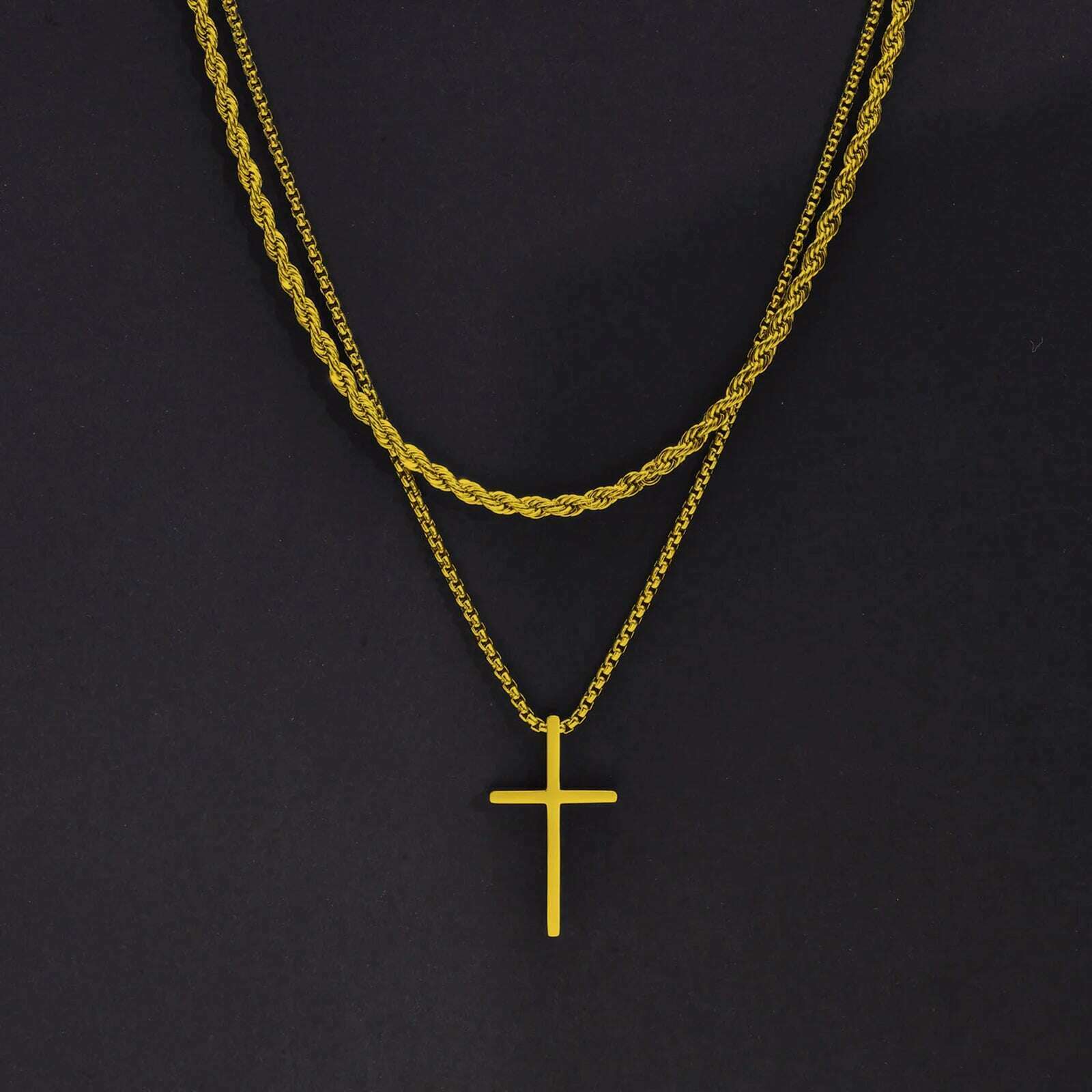 KIMLUD, Vnox Mens Cross Necklaces, Stainless Steel Layered Plain Cross Pendant, Rope Box Chain Necklace, Simple Prayer Jesus Collar, NC-1035G NC-039-55G, KIMLUD APPAREL - Womens Clothes