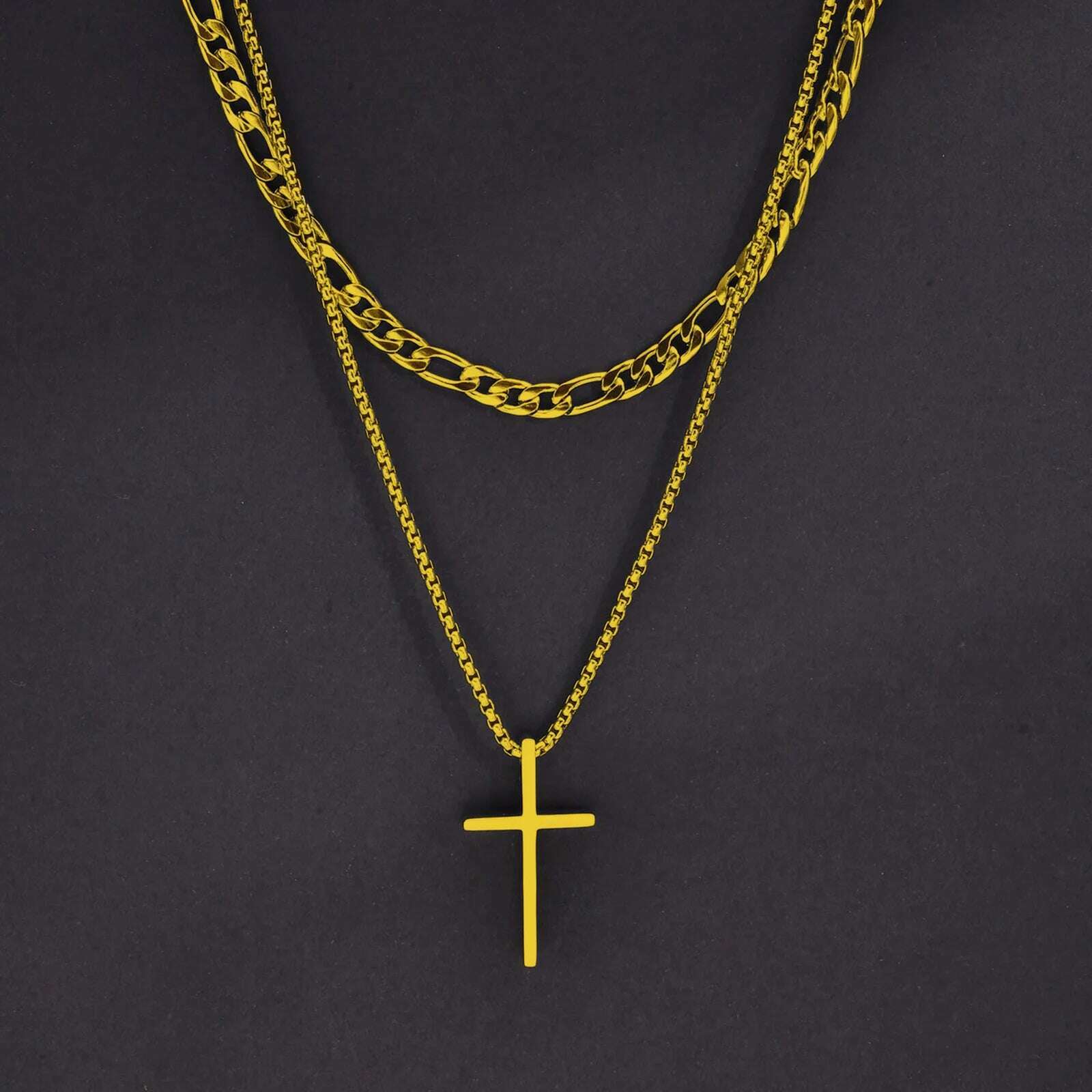 Vnox Mens Cross Necklaces, Stainless Steel Layered Plain Cross Pendant, Rope Box Chain Necklace, Simple Prayer Jesus Collar - KIMLUD