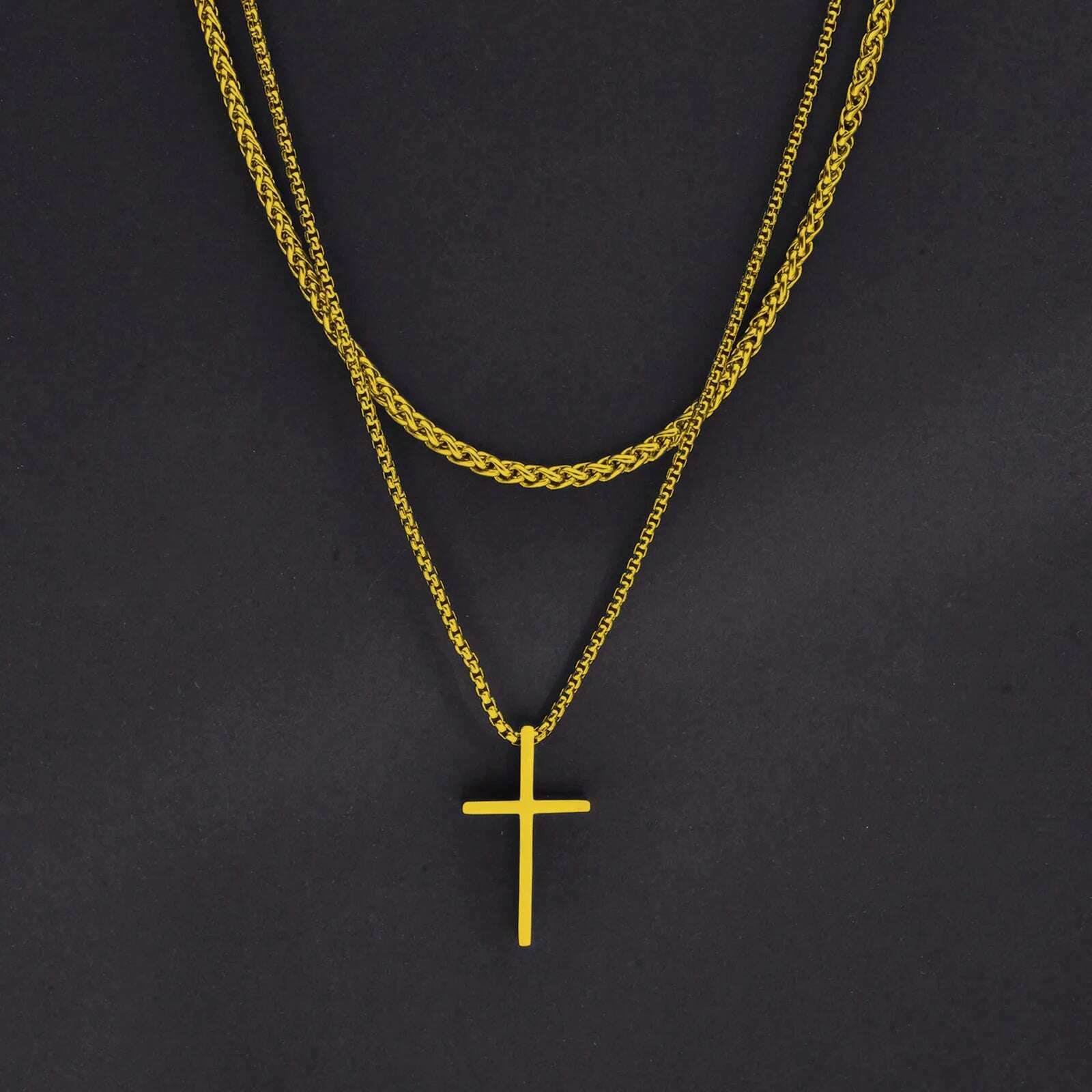 KIMLUD, Vnox Mens Cross Necklaces, Stainless Steel Layered Plain Cross Pendant, Rope Box Chain Necklace, Simple Prayer Jesus Collar, NC-1035G NC-104-50G, KIMLUD APPAREL - Womens Clothes