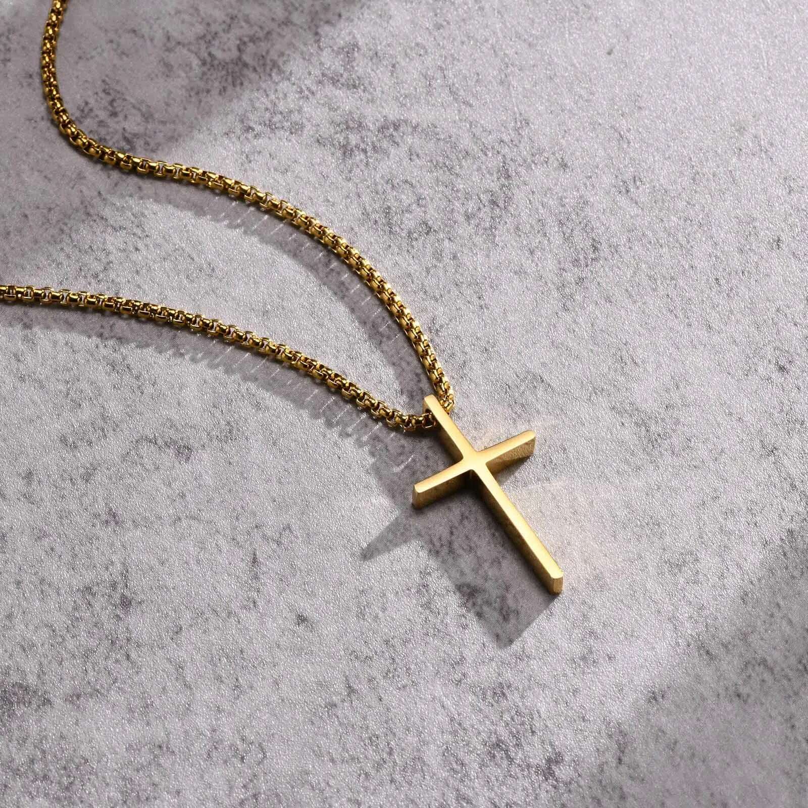 Vnox Mens Cross Necklaces, Stainless Steel Layered Plain Cross Pendant, Rope Box Chain Necklace, Simple Prayer Jesus Collar - KIMLUD