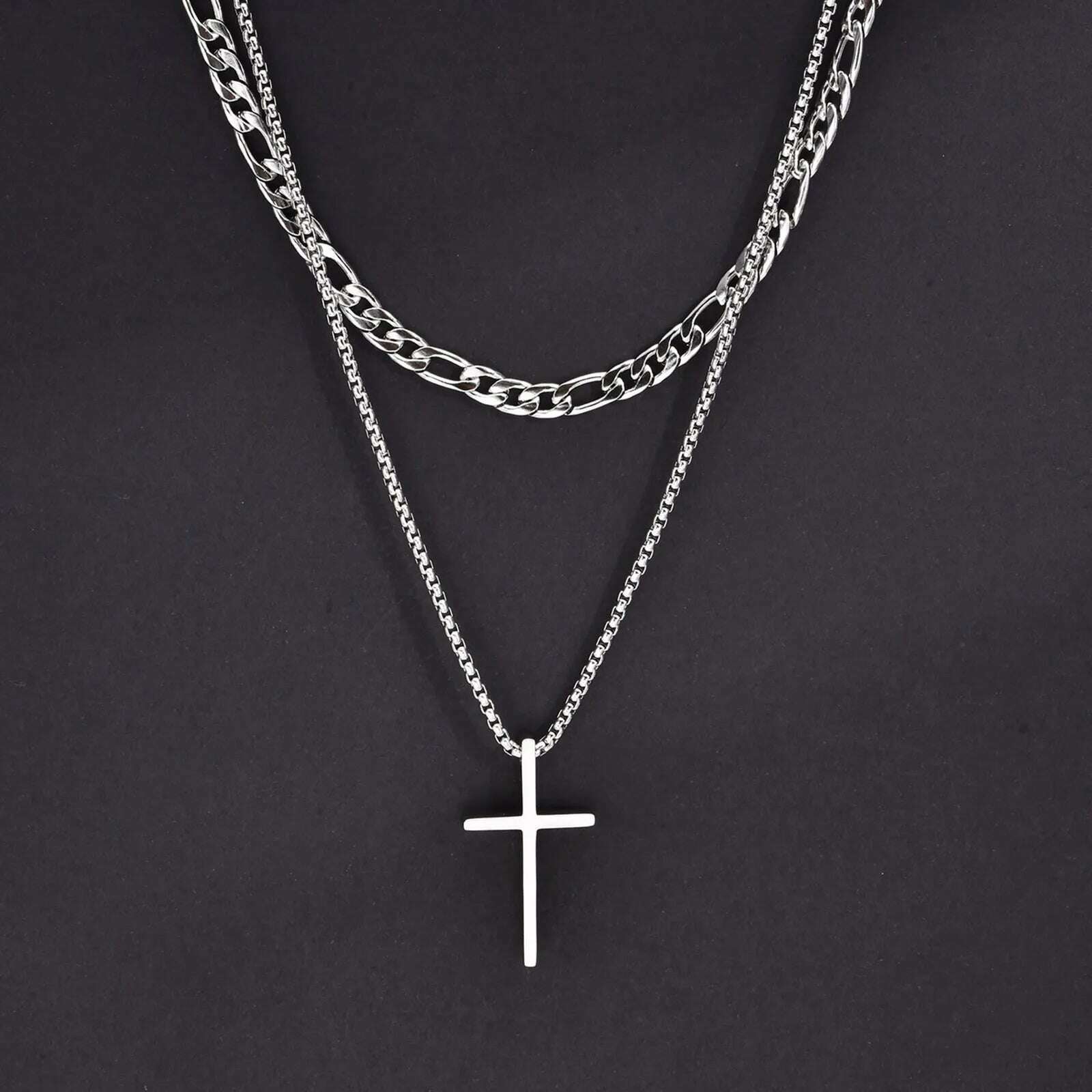 Vnox Mens Cross Necklaces, Stainless Steel Layered Plain Cross Pendant, Rope Box Chain Necklace, Simple Prayer Jesus Collar - KIMLUD