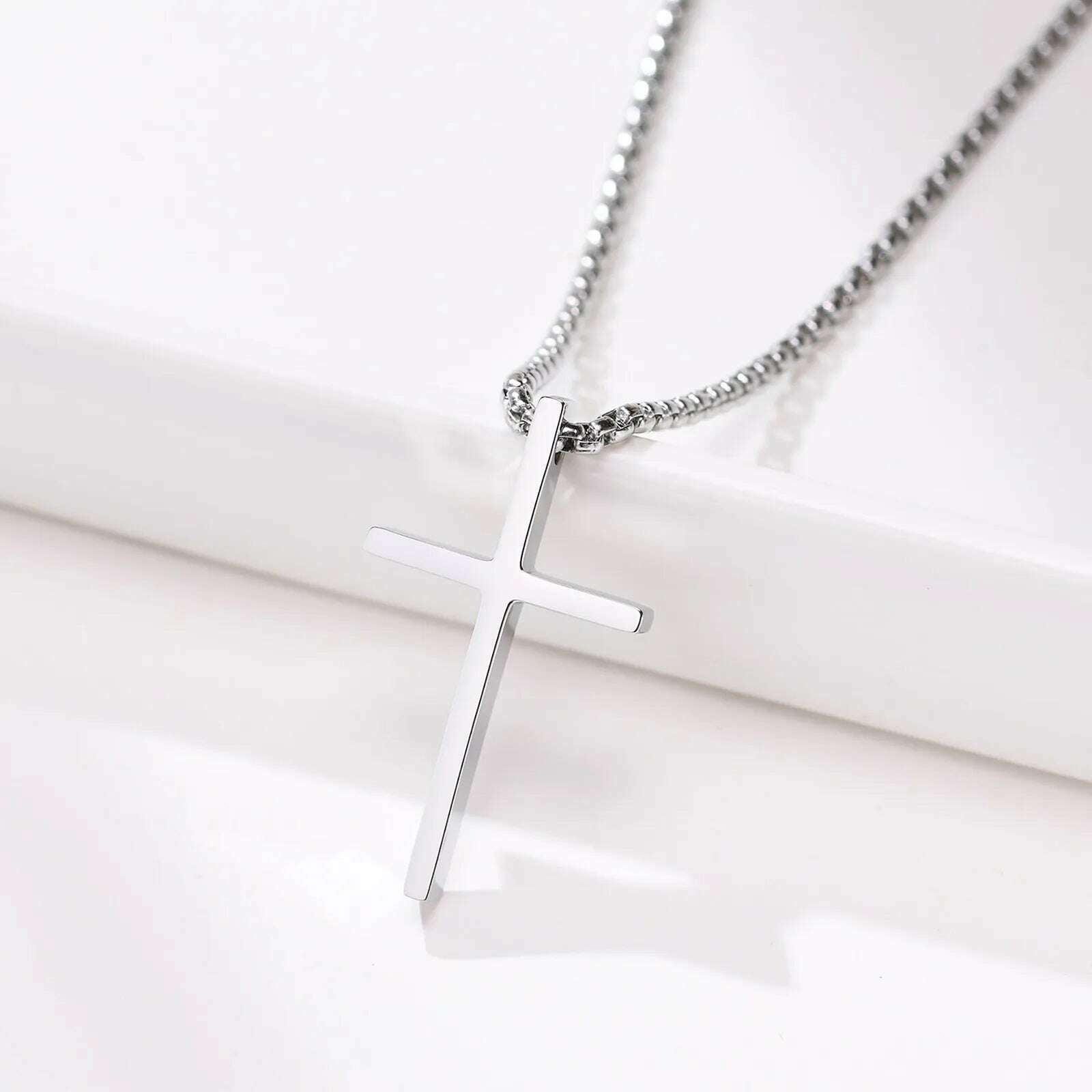 Vnox Mens Cross Necklaces, Stainless Steel Layered Plain Cross Pendant, Rope Box Chain Necklace, Simple Prayer Jesus Collar - KIMLUD