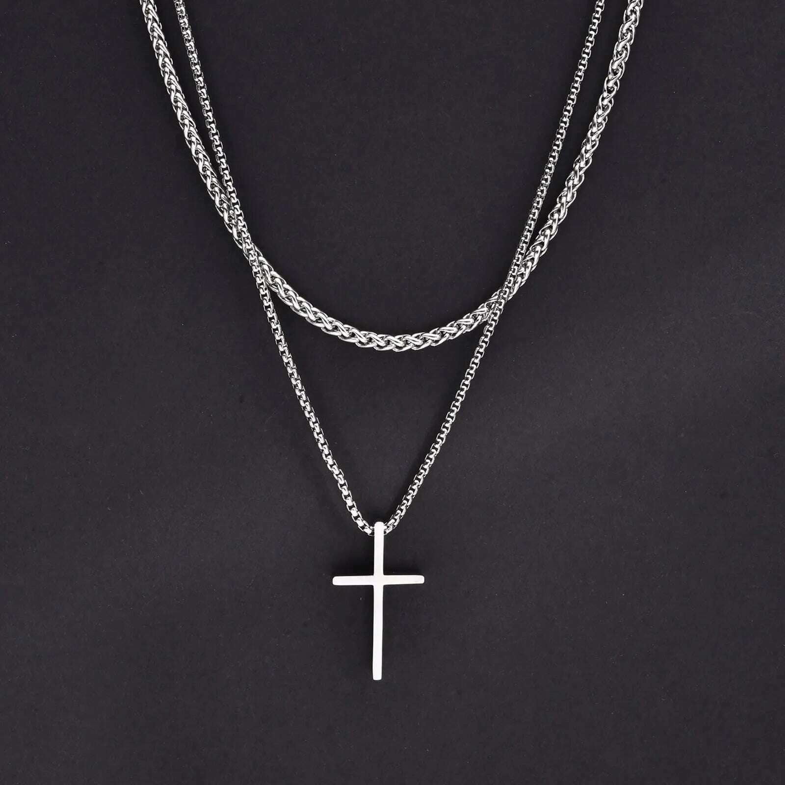 Vnox Mens Cross Necklaces, Stainless Steel Layered Plain Cross Pendant, Rope Box Chain Necklace, Simple Prayer Jesus Collar - KIMLUD