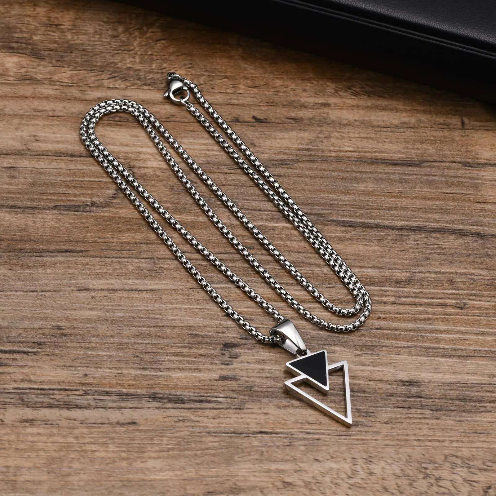 Vnox New Fashion Triangle Pendant Necklace for Men Boys, Minimalist Stainless Steel Hollow Geometric Collar Male Jewelry Gift - KIMLUD