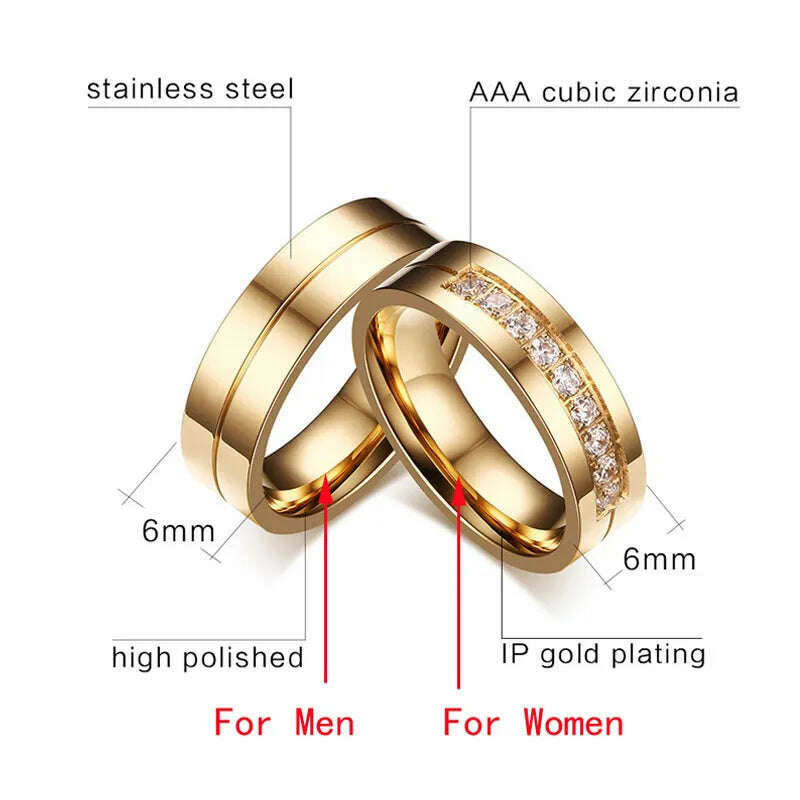 Vnox Trendy Wedding Bands Rings for Women / Men Love Gift Gold-color Stainless Steel CZ Promise Couple Jewelry - KIMLUD