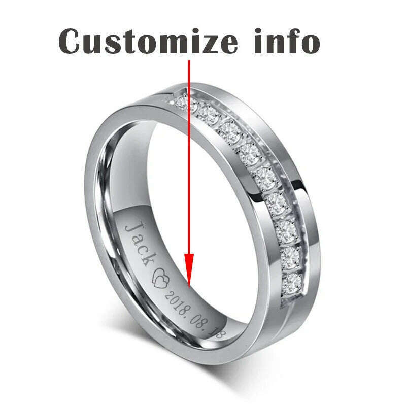 KIMLUD, Vnox Trendy Wedding Bands Rings for Women / Men Love Gift Gold-color Stainless Steel CZ Promise Couple Jewelry, custom women silver / 6, KIMLUD APPAREL - Womens Clothes