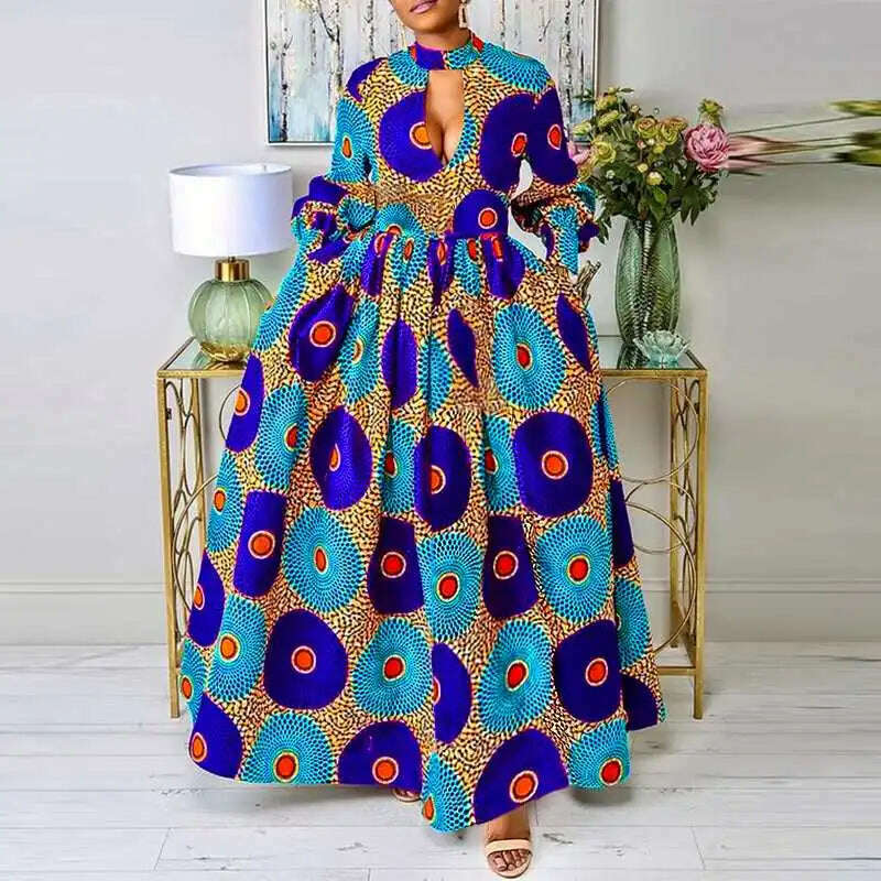 KIMLUD, VONDA 2024 Bohemian Long Dress Women Summer Long Sleeve Hollow Out Sexy Split Sundress Casual Loose Floral Printed Maxi Vestidos, Blue / XL, KIMLUD APPAREL - Womens Clothes