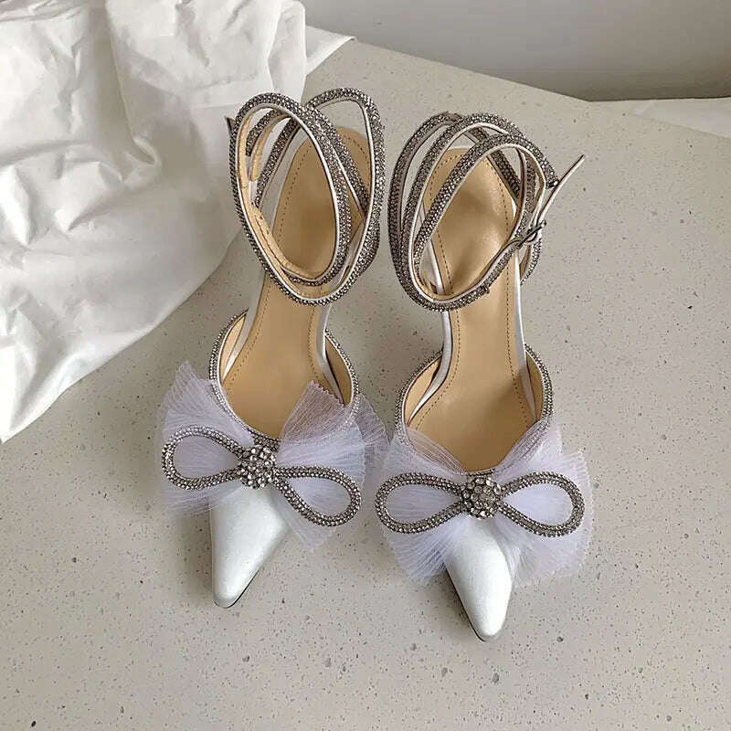 KIMLUD, Water Diamond High Heels Women's 2023 New Bow Tie Pointed Thin Heels Wedding Shoes Sandals, KIMLUD Womens Clothes