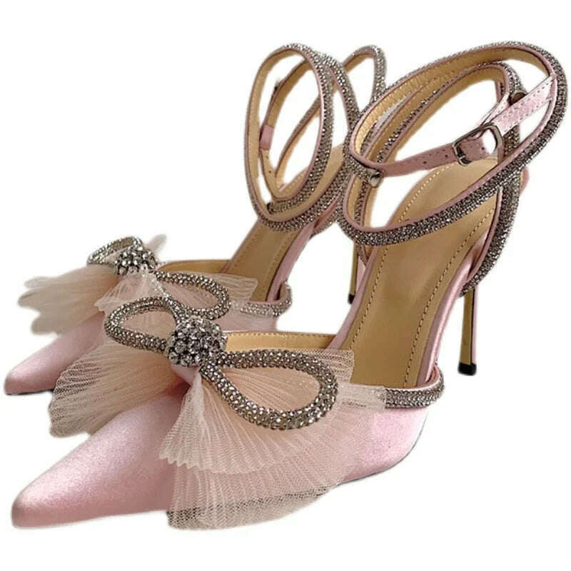 Water Diamond High Heels Women's 2023 New Bow Tie Pointed Thin Heels Wedding Shoes Sandals - KIMLUD