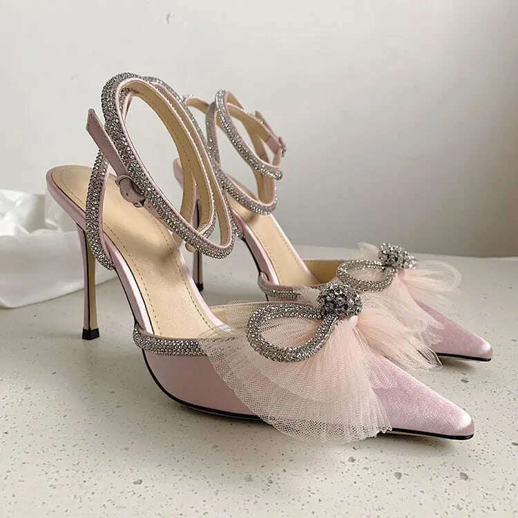 Water Diamond High Heels Women's 2023 New Bow Tie Pointed Thin Heels Wedding Shoes Sandals - KIMLUD